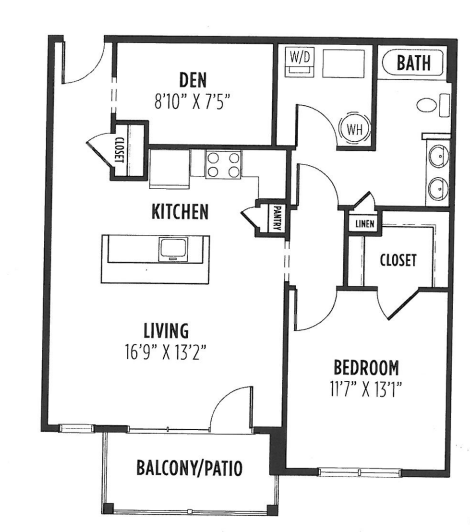 Floor plan for 1 bed, 1 bath, 968 sqft